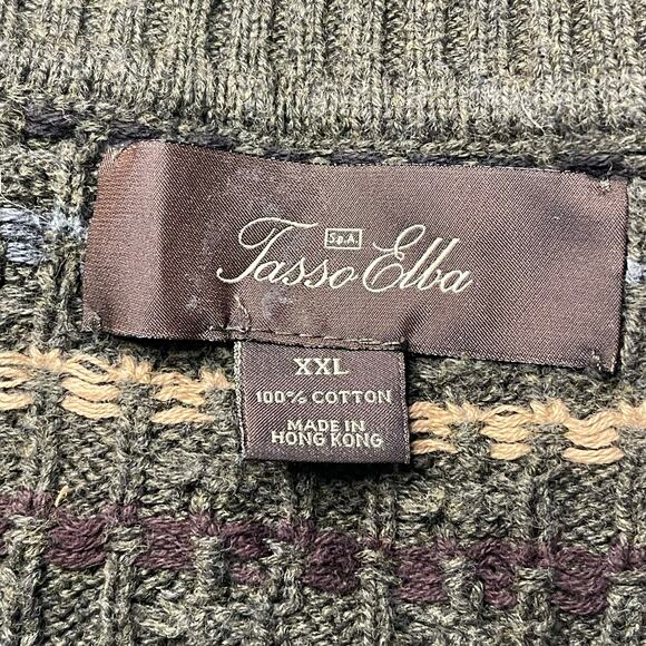 Men's 90's Grunge Olive & Tan Long Sleeve Cable Knit Sweater XXL Tasso Elba - Picture 7 of 8